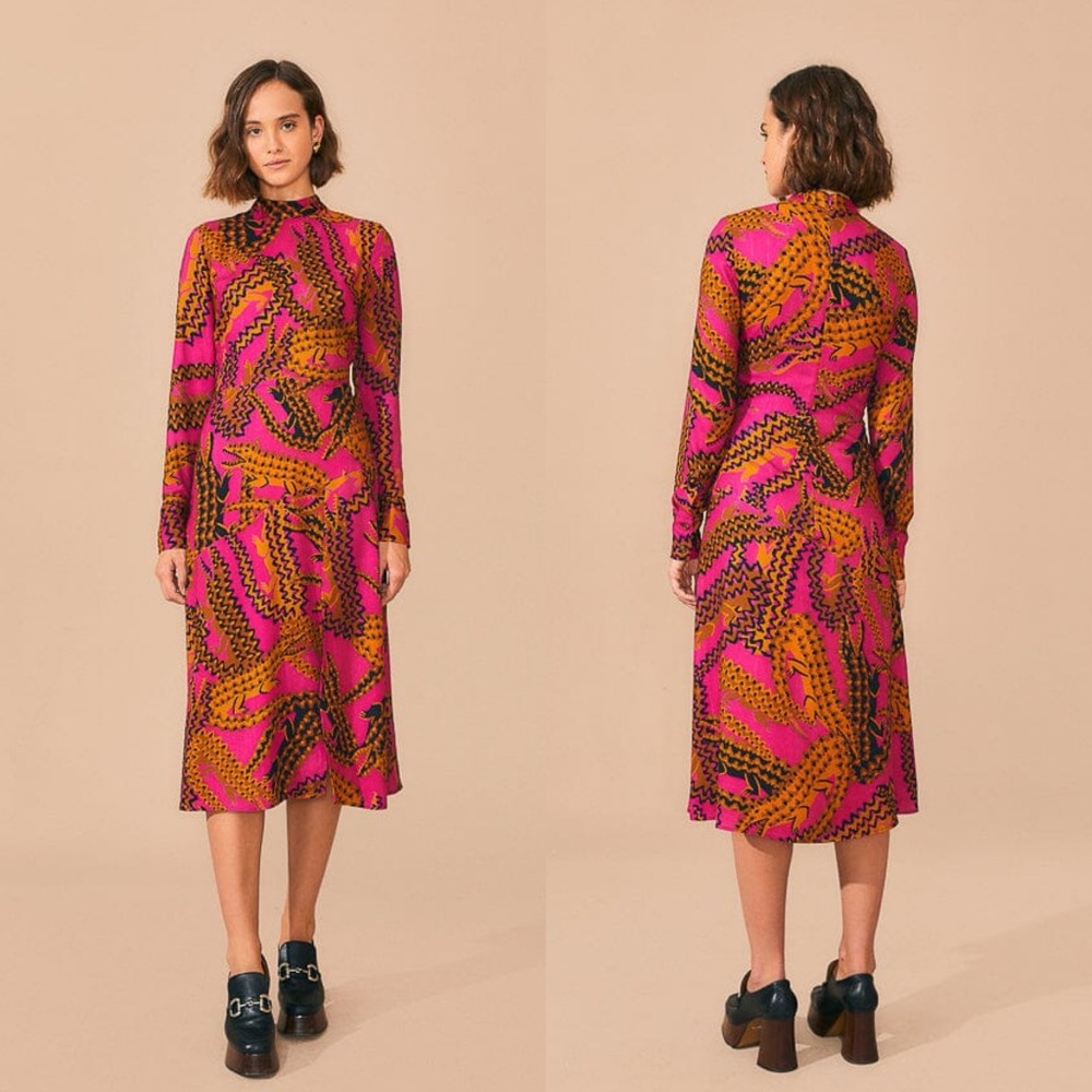 NEW Farm Rio Pink Croco Lenzing Ecovero Viscose Slit Long Sleeve Midi Dress L